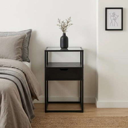 Picture of Maikel nightstand, black metal with glass top and drawer