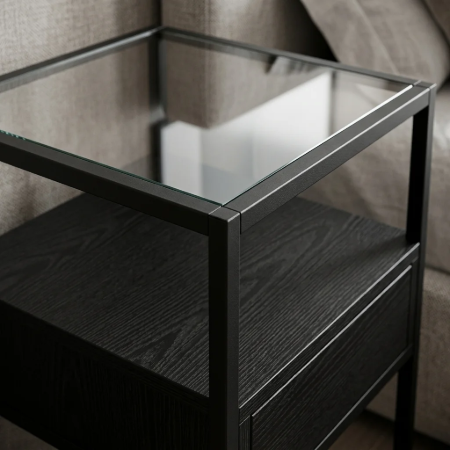Picture of Maikel nightstand, black metal with glass top and drawer