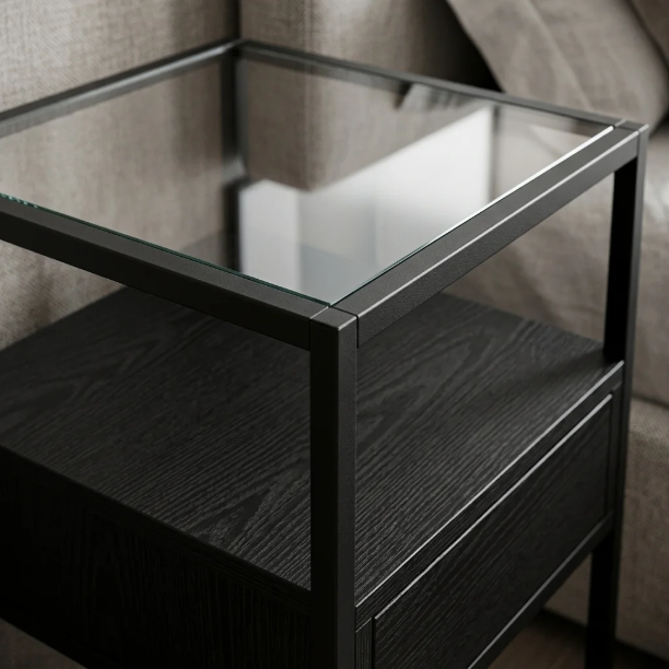 Picture of Maikel nightstand, black metal with glass top and drawer