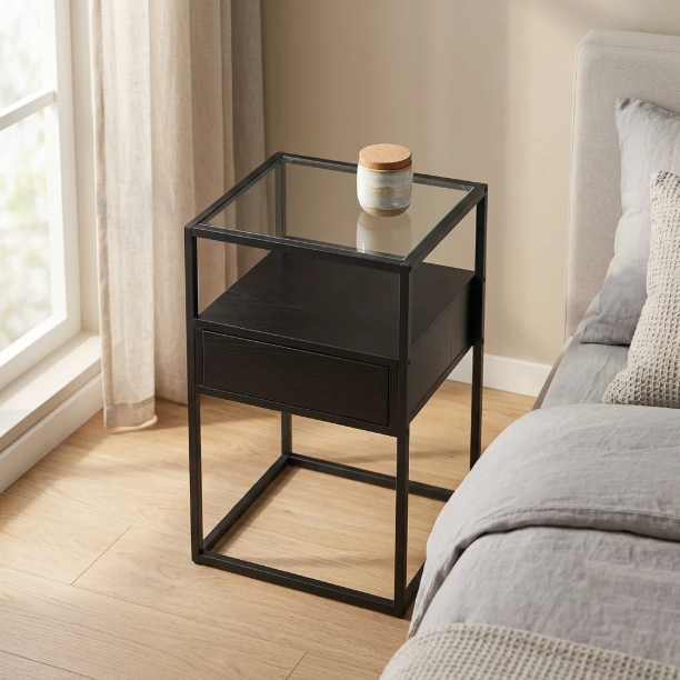 Picture of Maikel nightstand, black metal with glass top and drawer
