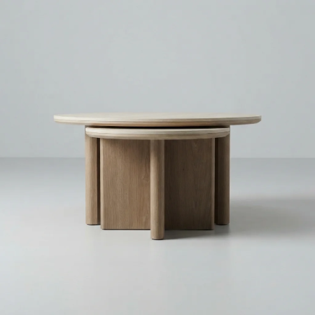 Picture of Round Coffee Table Laycie Ceramic in Travertine Look, Set of 2 pieces