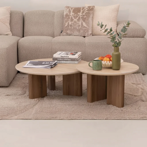 Picture of Round Coffee Table Laycie Ceramic in Travertine Look, Set of 2 pieces