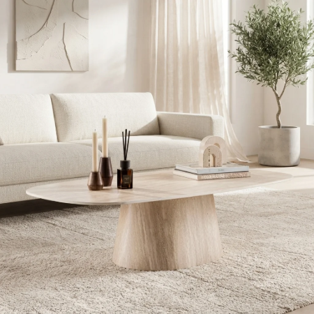 Picture of Danish Oval Coffee Table Indar Ceramic in Travertine Look