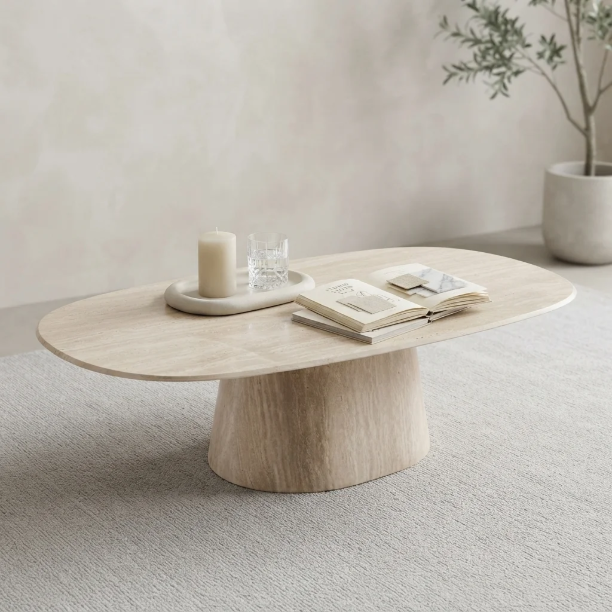 Picture of Danish Oval Coffee Table Indar Ceramic in Travertine Look